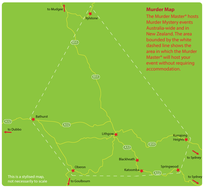 map of the 'local' area that the Murder Master® can host a Murder Mystery event without requiring accommodation.